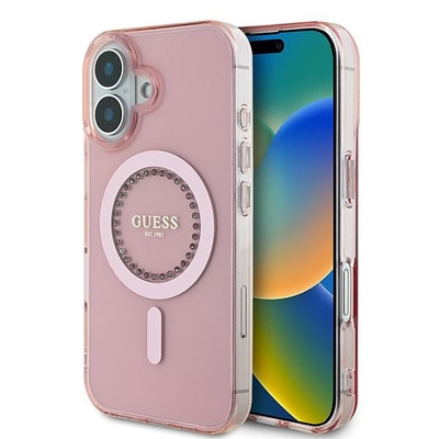 Originalen ovitek Guess IML Rhinestones MagSafe iPhone 16 Plus - Pink